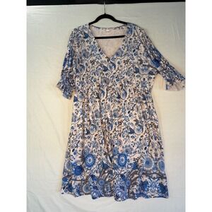 Pink Daisy womens blue & white floral 3/4 sleeve dress Sz 3x cottage core comfy